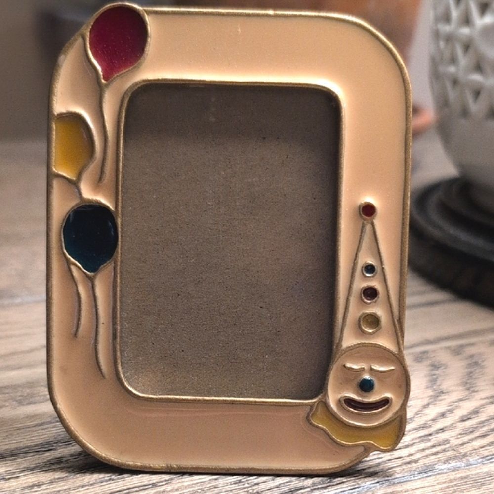 Vintage The Bucklers Inc Heavy Enamel Clown & Balloons Brass Picture Frame MCM